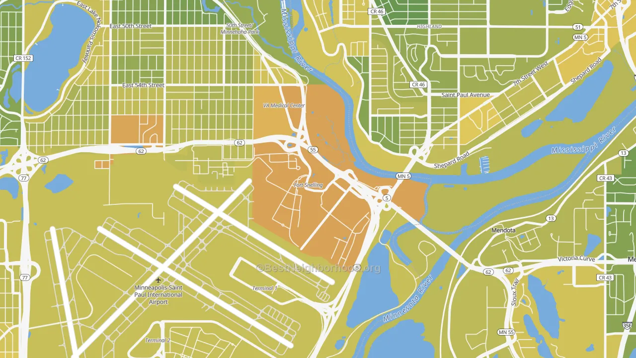 Map of the best neighborhoods in the 55111 area, with better matches in green and worse matches in red