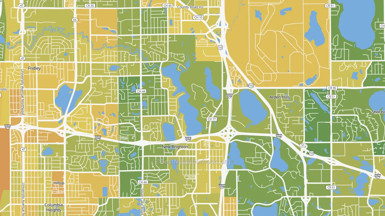 Map of the best neighborhoods in the 55112 area, with better matches in green and worse matches in red