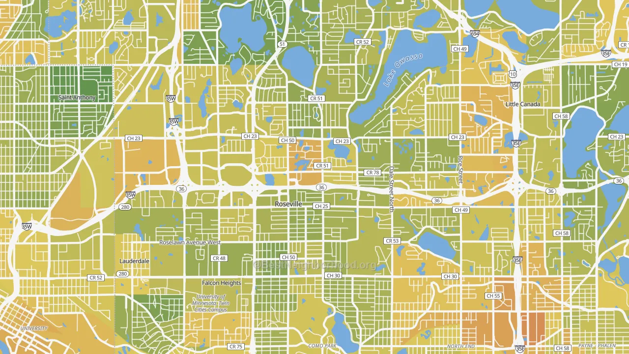 Map of the best neighborhoods in the 55113 area, with better matches in green and worse matches in red