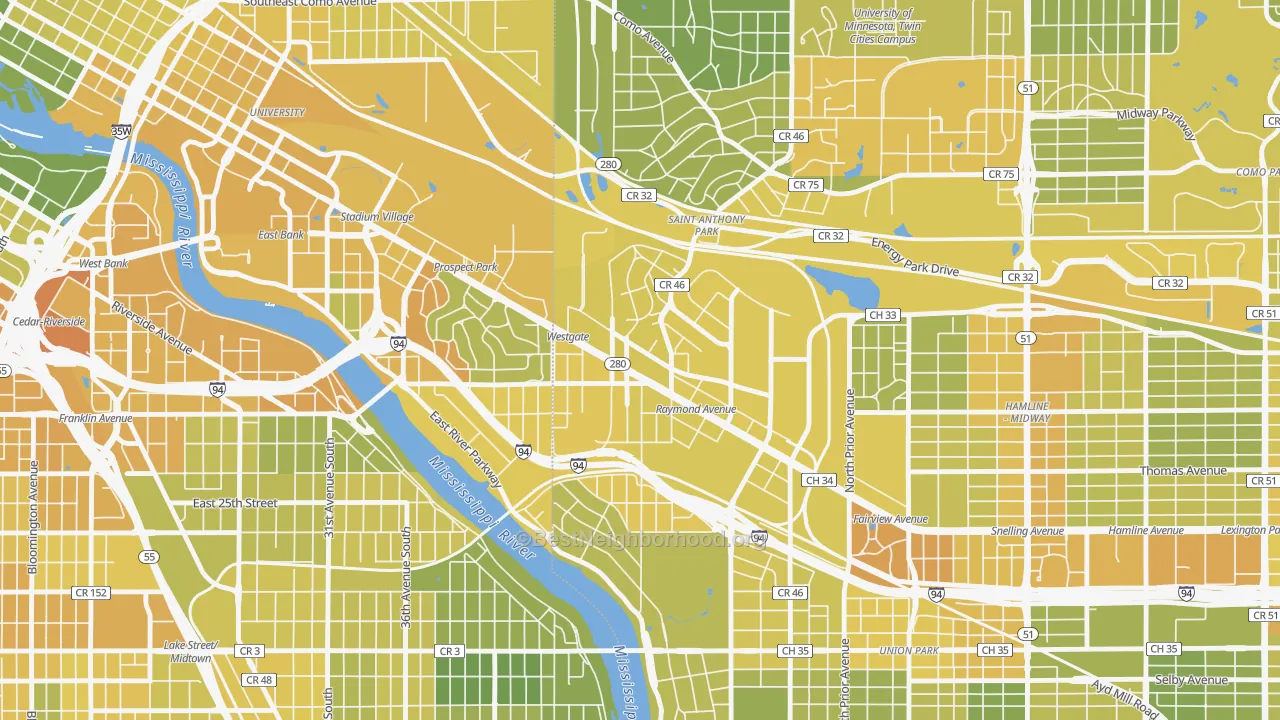 Map of the best neighborhoods in the 55114 area, with better matches in green and worse matches in red