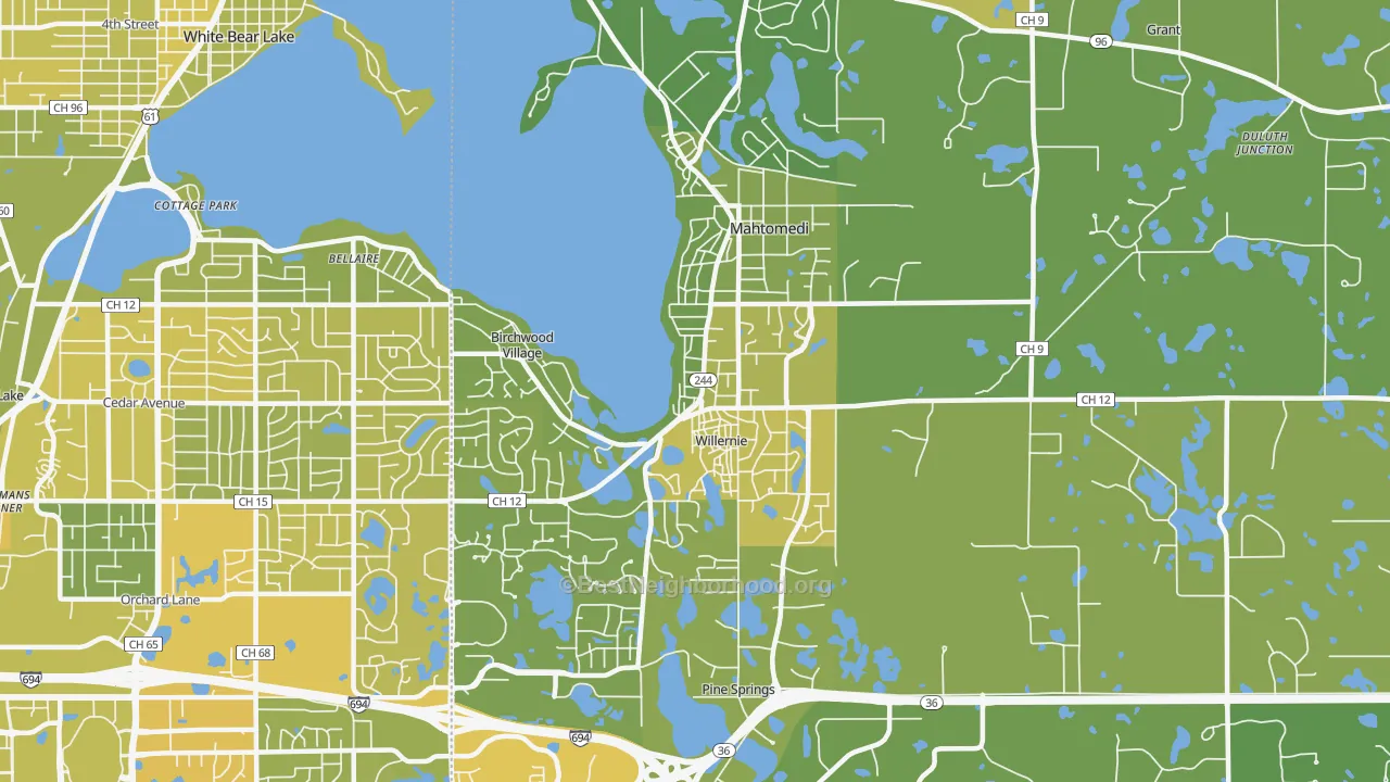 Map of the best neighborhoods in the 55115 area, with better matches in green and worse matches in red