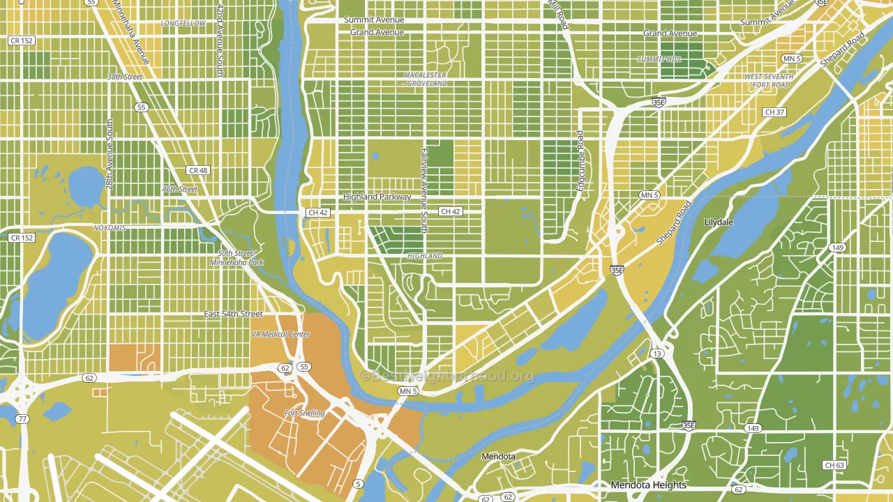 Map of the best neighborhoods in the 55116 area, with better matches in green and worse matches in red