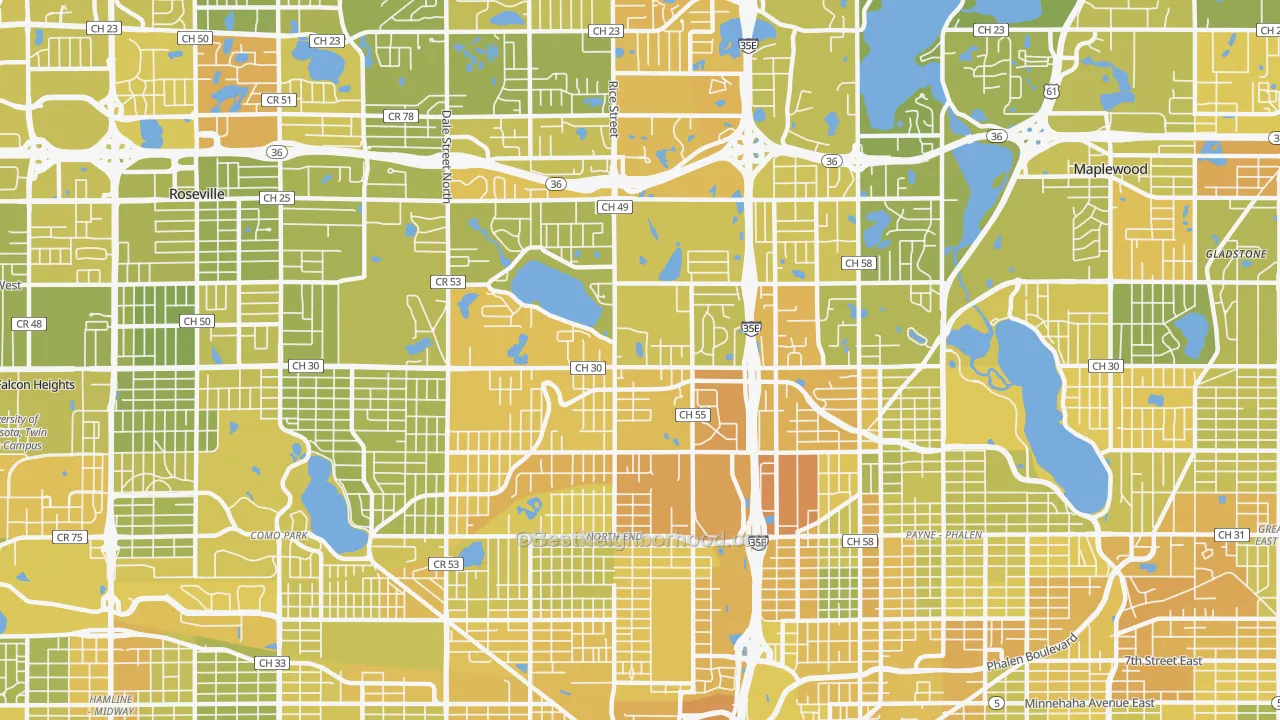 Map of the best neighborhoods in the 55117 area, with better matches in green and worse matches in red
