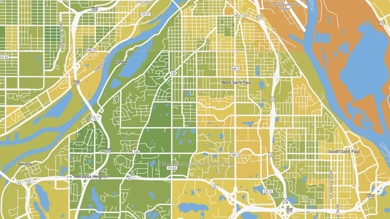 Map of the best neighborhoods in the 55118 area, with better matches in green and worse matches in red
