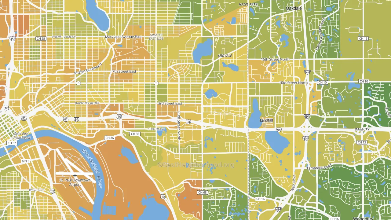 Map of the best neighborhoods in the 55119 area, with better matches in green and worse matches in red