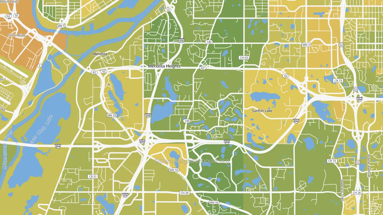 Map of the best neighborhoods in the 55120 area, with better matches in green and worse matches in red