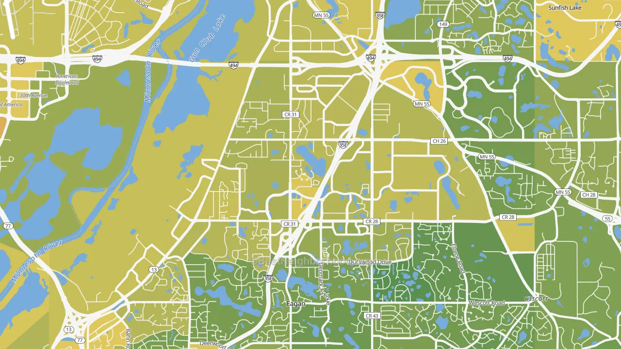 Map of the best neighborhoods in the 55121 area, with better matches in green and worse matches in red