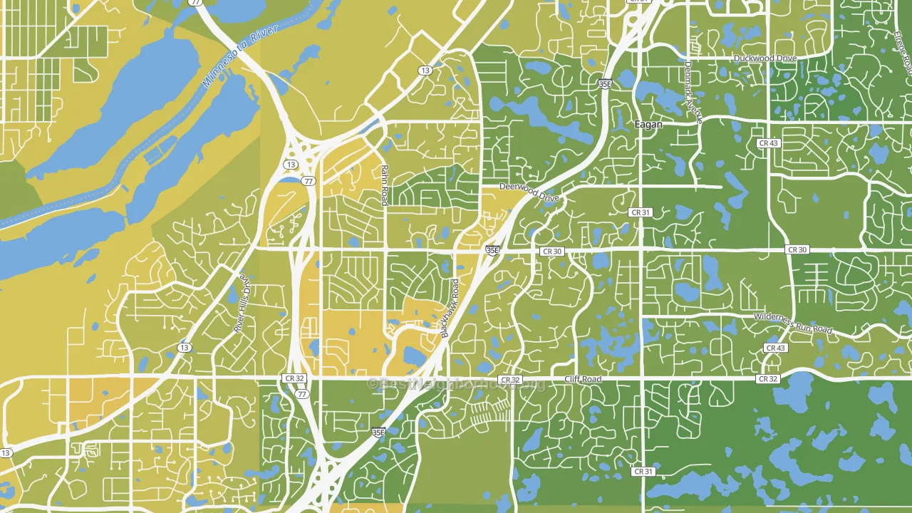 Map of the best neighborhoods in the 55122 area, with better matches in green and worse matches in red