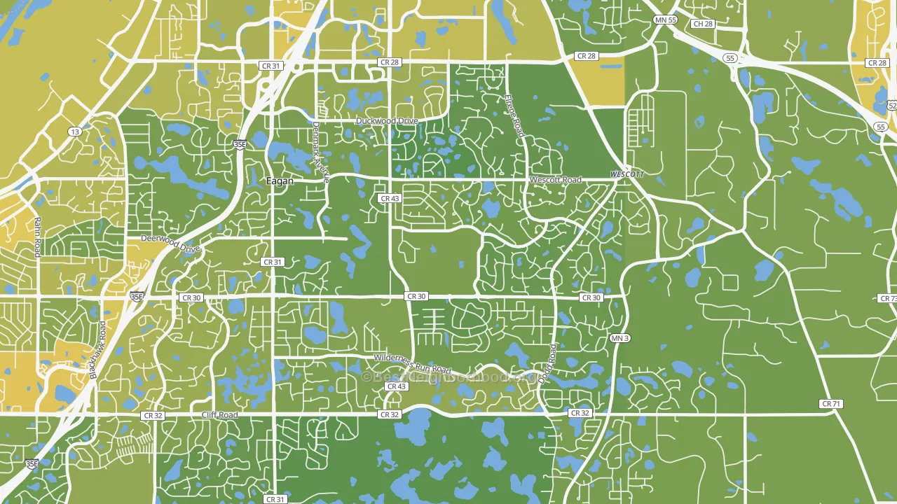 Map of the best neighborhoods in the 55123 area, with better matches in green and worse matches in red