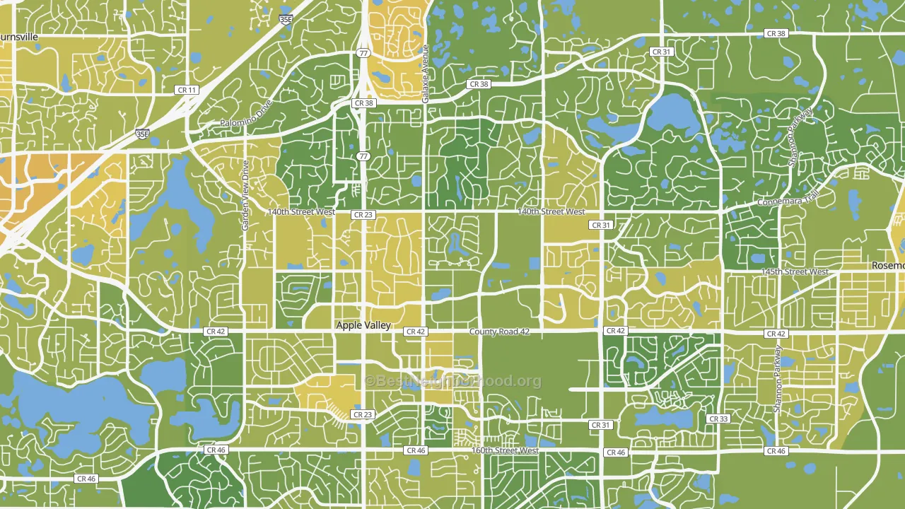 Map of the best neighborhoods in the 55124 area, with better matches in green and worse matches in red