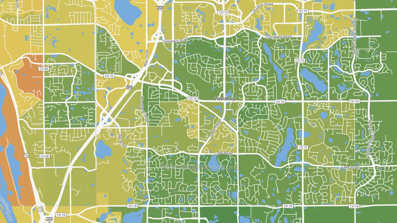 Map of the best neighborhoods in the 55125 area, with better matches in green and worse matches in red