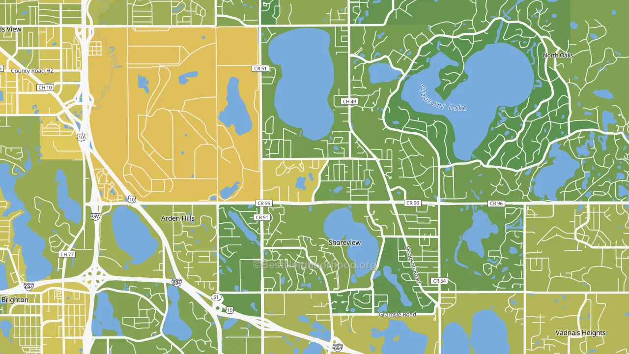 Map of the best neighborhoods in the 55126 area, with better matches in green and worse matches in red