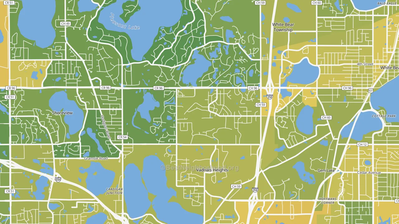 Map of the best neighborhoods in the 55127 area, with better matches in green and worse matches in red