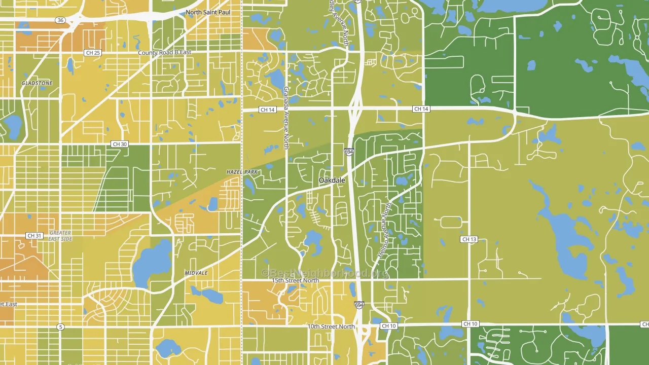 Map of the best neighborhoods in the 55128 area, with better matches in green and worse matches in red