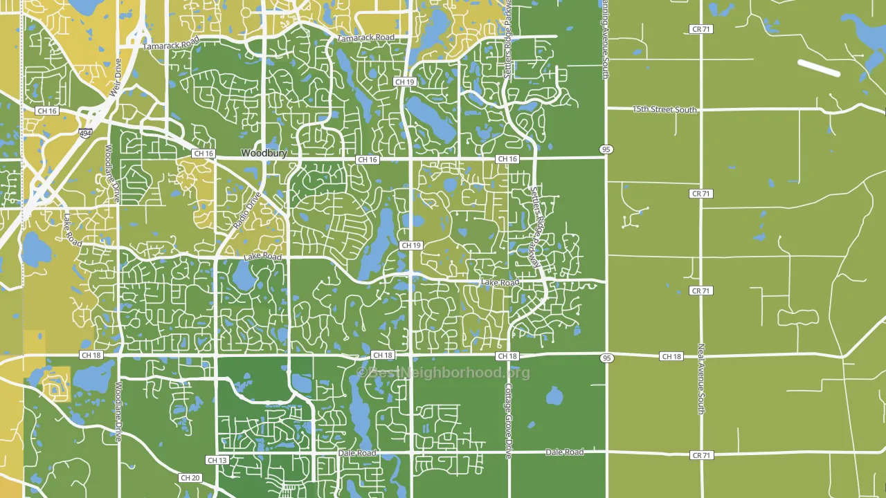 Map of the best neighborhoods in the 55129 area, with better matches in green and worse matches in red