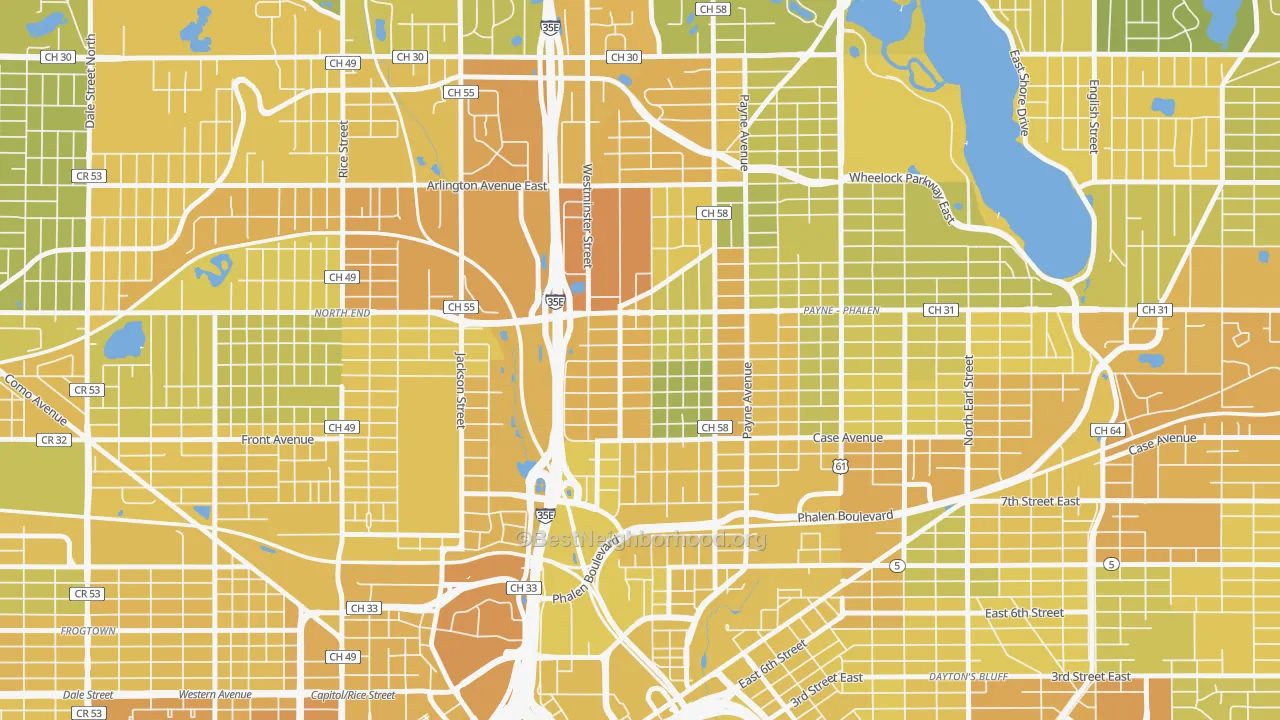 Map of the best neighborhoods in the 55130 area, with better matches in green and worse matches in red