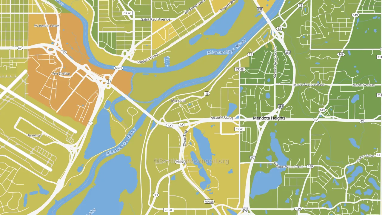 Map of the best neighborhoods in the 55150 area, with better matches in green and worse matches in red