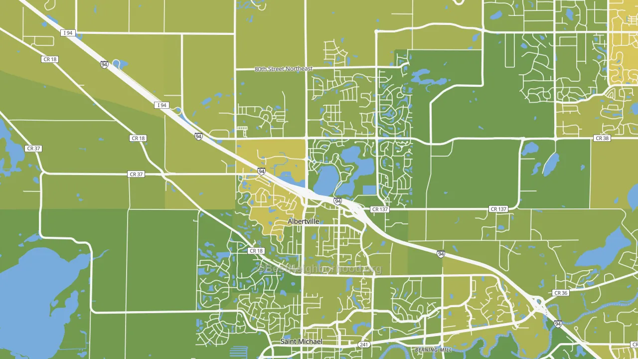 Map of the best neighborhoods in the 55301 area, with better matches in green and worse matches in red