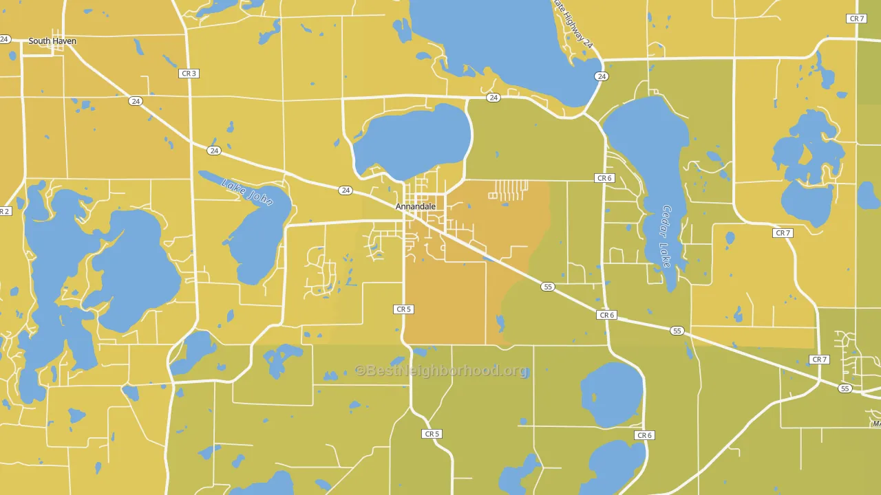 Map of the best neighborhoods in the 55302 area, with better matches in green and worse matches in red
