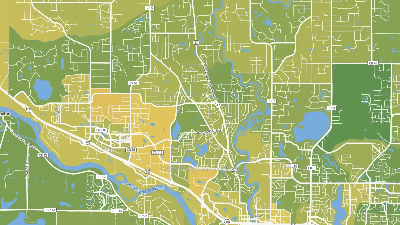 Map of the best neighborhoods in the 55303 area, with better matches in green and worse matches in red