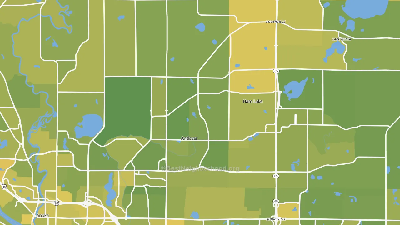Map of the best neighborhoods in the 55304 area, with better matches in green and worse matches in red