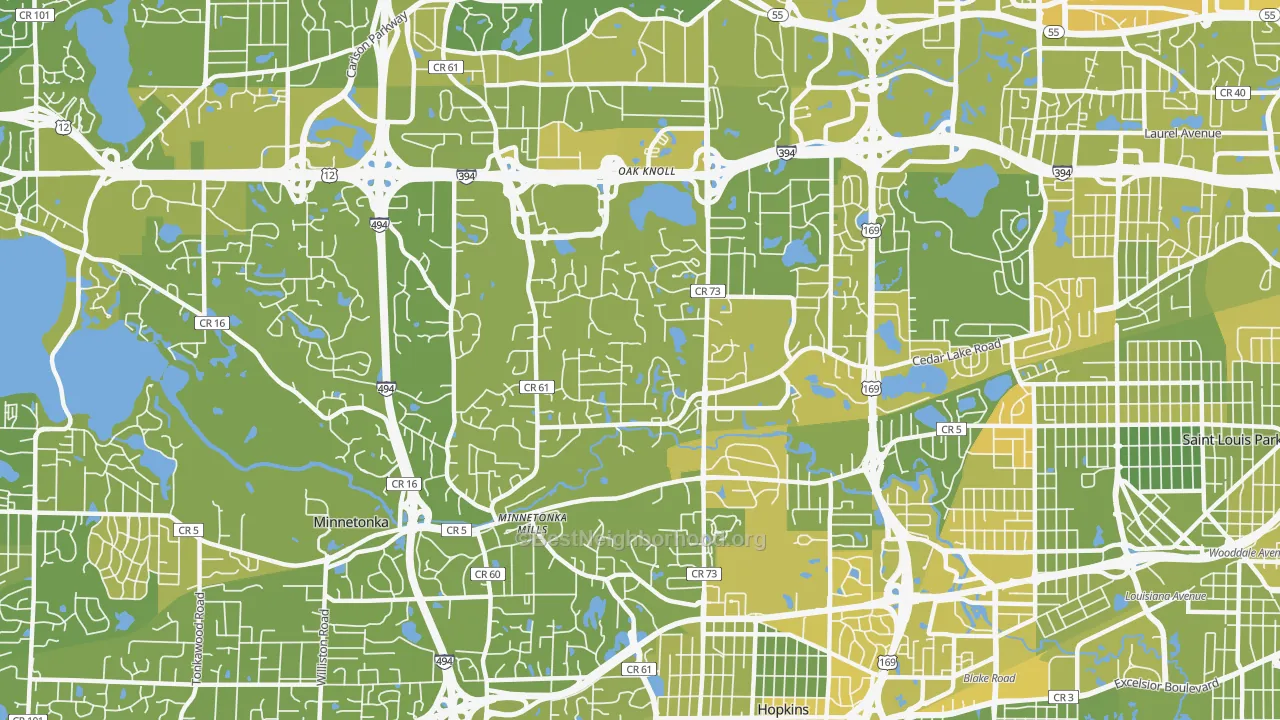Map of the best neighborhoods in the 55305 area, with better matches in green and worse matches in red