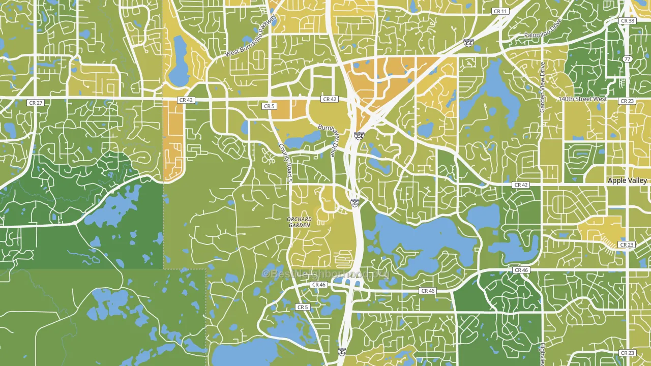 Map of the best neighborhoods in the 55306 area, with better matches in green and worse matches in red