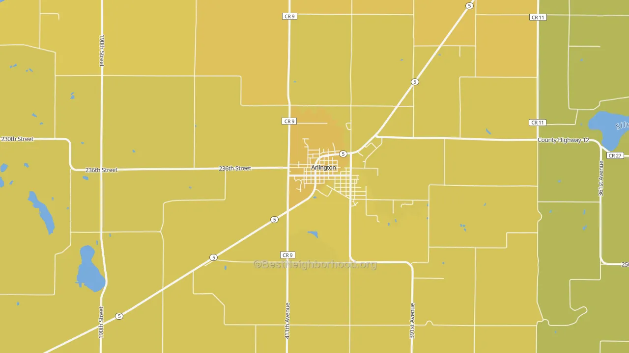 Map of the best neighborhoods in the 55307 area, with better matches in green and worse matches in red