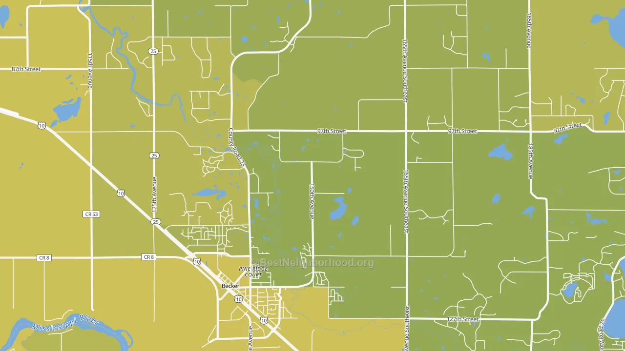 Map of the best neighborhoods in the 55308 area, with better matches in green and worse matches in red