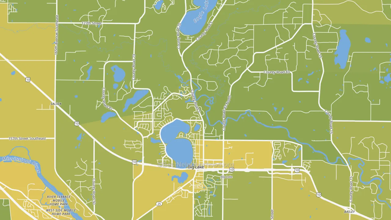 Map of the best neighborhoods in the 55309 area, with better matches in green and worse matches in red