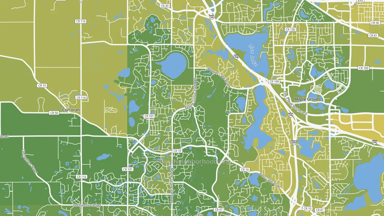 Map of the best neighborhoods in the 55311 area, with better matches in green and worse matches in red