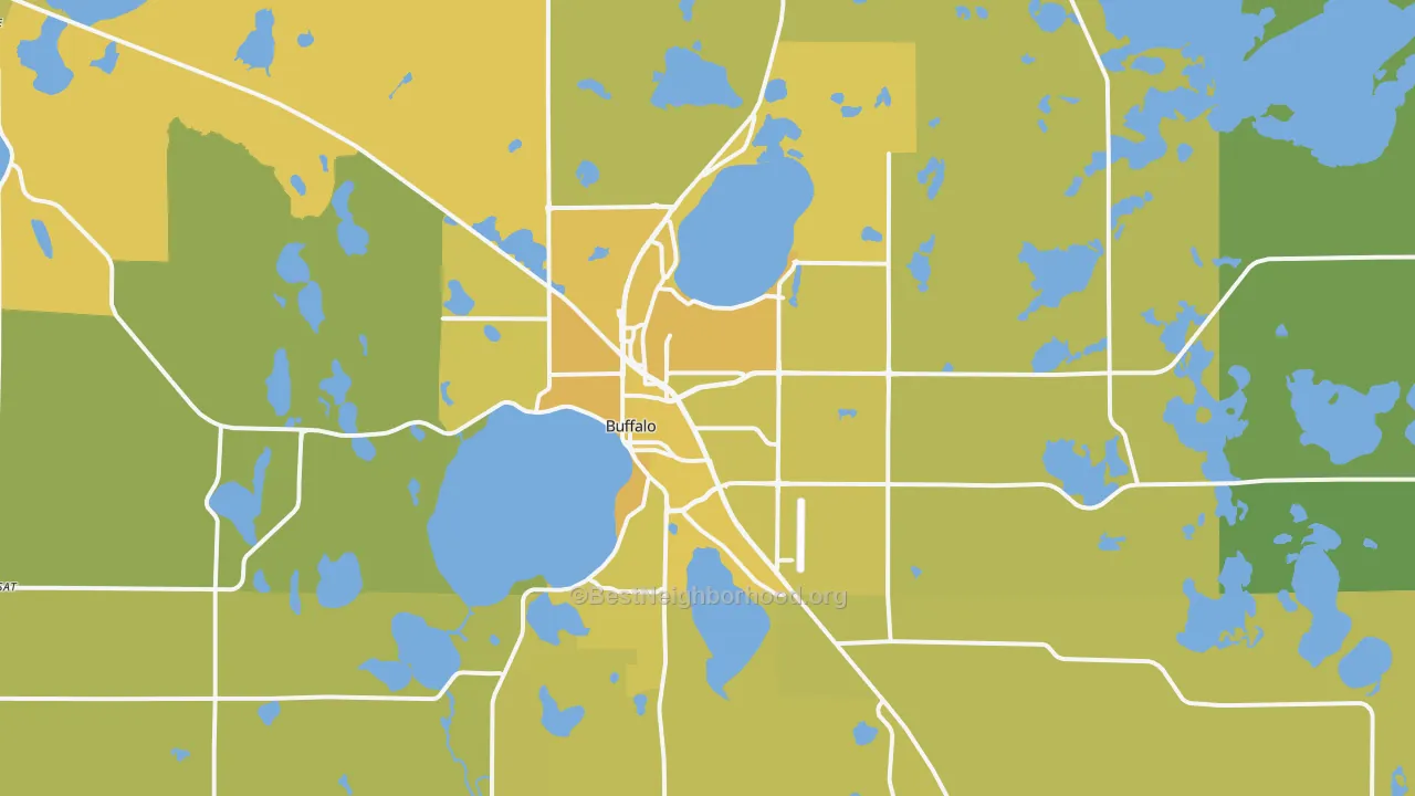 Map of the best neighborhoods in the 55313 area, with better matches in green and worse matches in red
