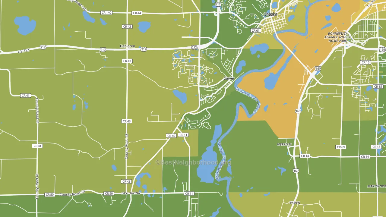 Map of the best neighborhoods in the 55315 area, with better matches in green and worse matches in red