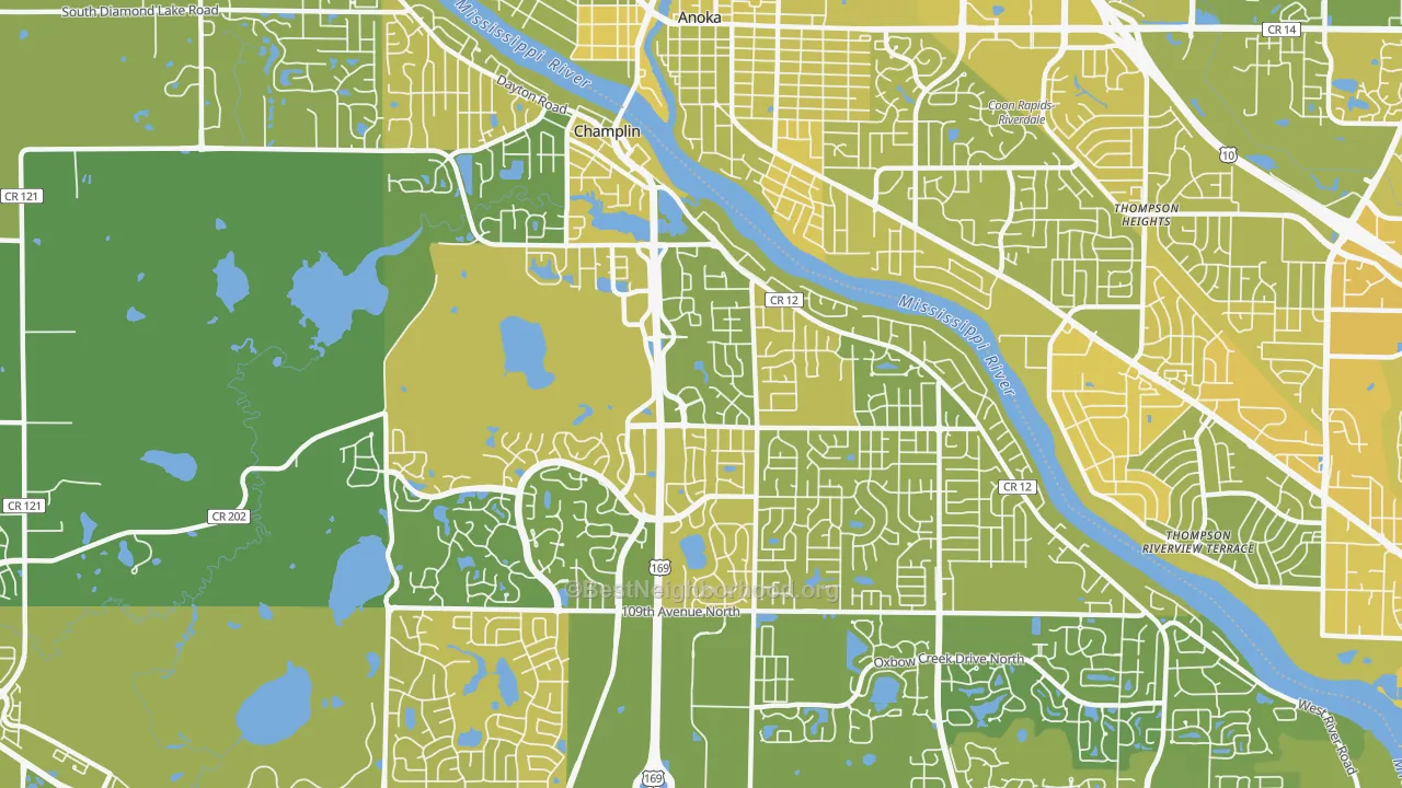 Map of the best neighborhoods in the 55316 area, with better matches in green and worse matches in red