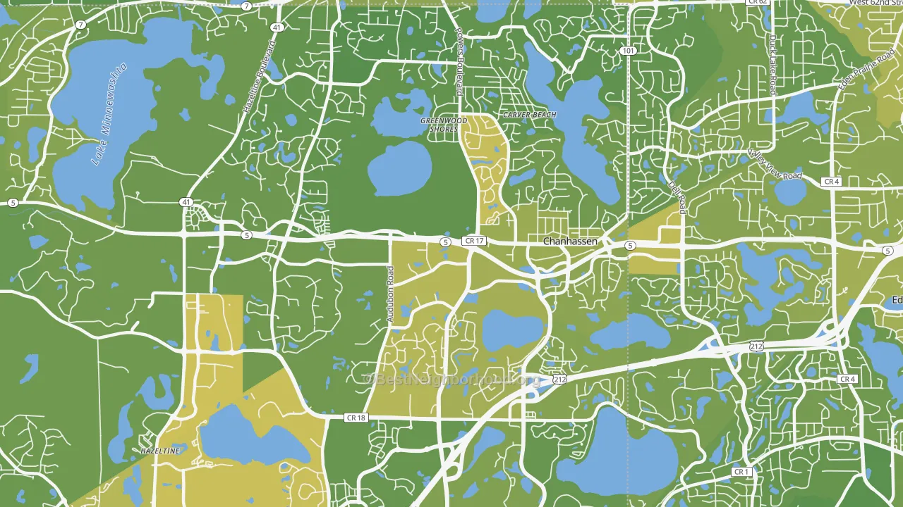 Map of the best neighborhoods in the 55317 area, with better matches in green and worse matches in red