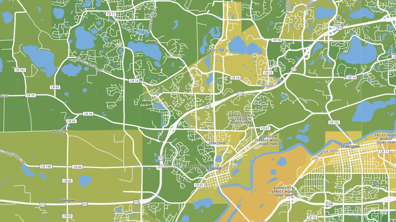 Map of the best neighborhoods in the 55318 area, with better matches in green and worse matches in red