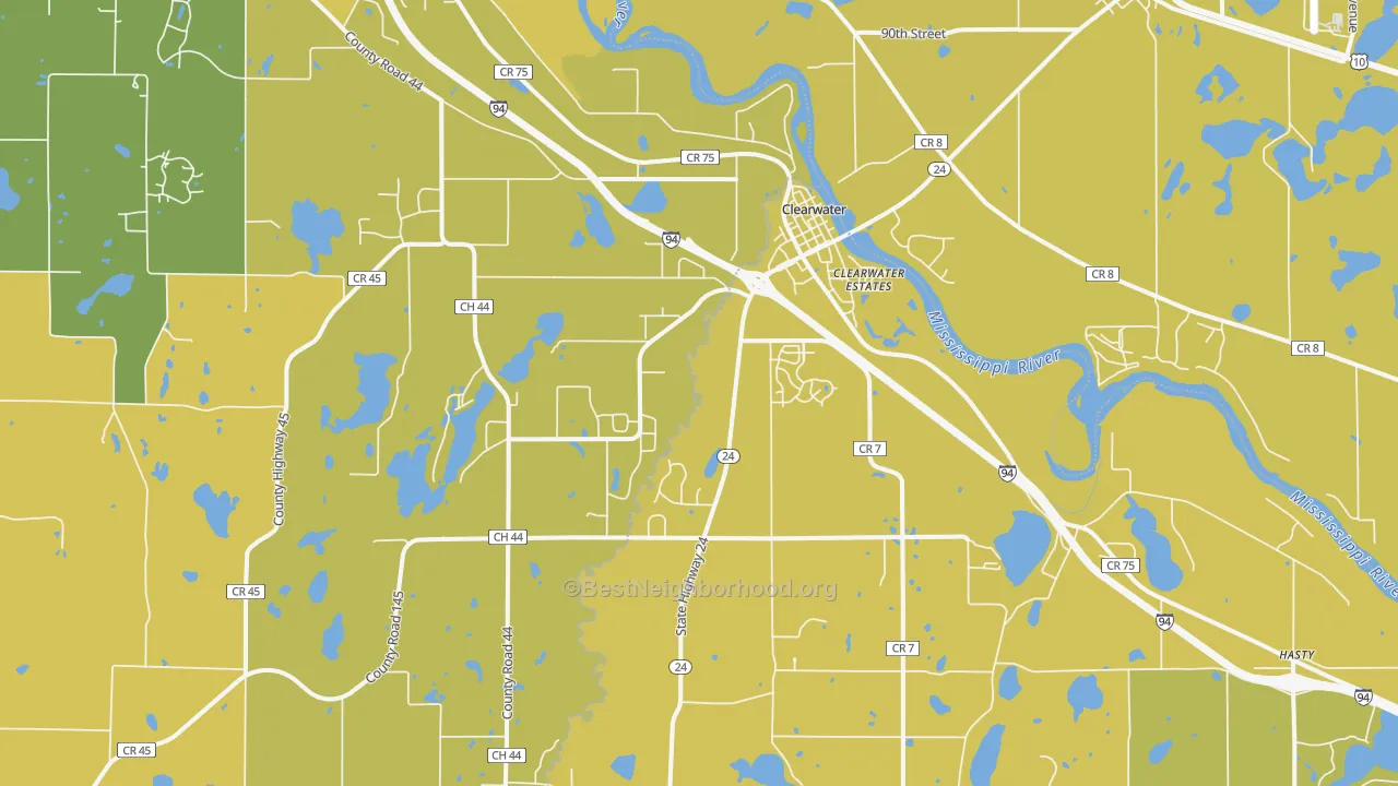 Map of the best neighborhoods in the 55320 area, with better matches in green and worse matches in red