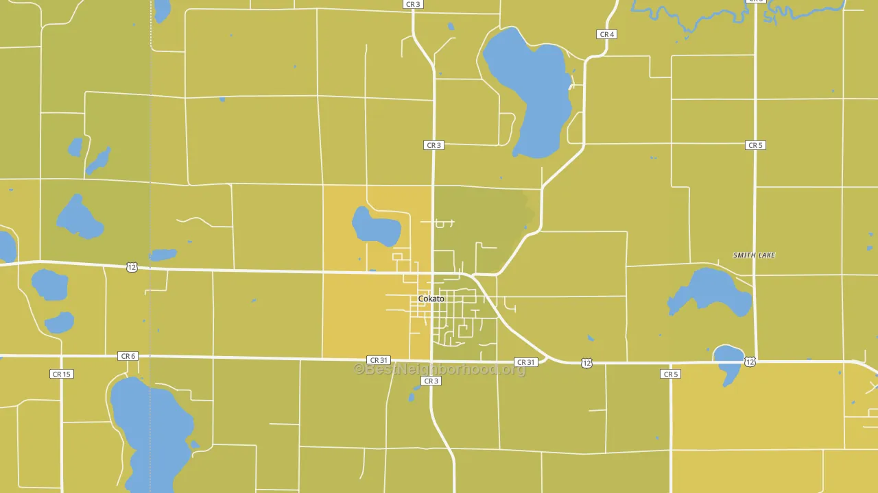 Map of the best neighborhoods in the 55321 area, with better matches in green and worse matches in red