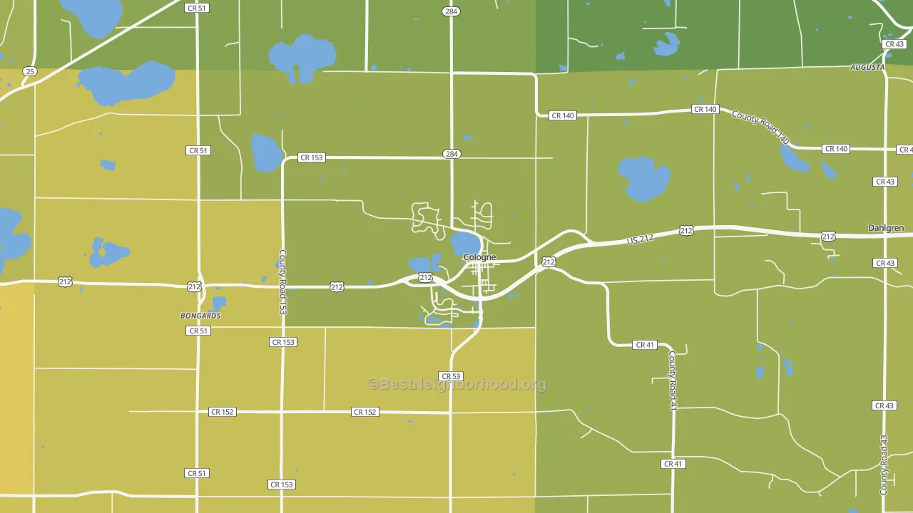 Map of the best neighborhoods in the 55322 area, with better matches in green and worse matches in red