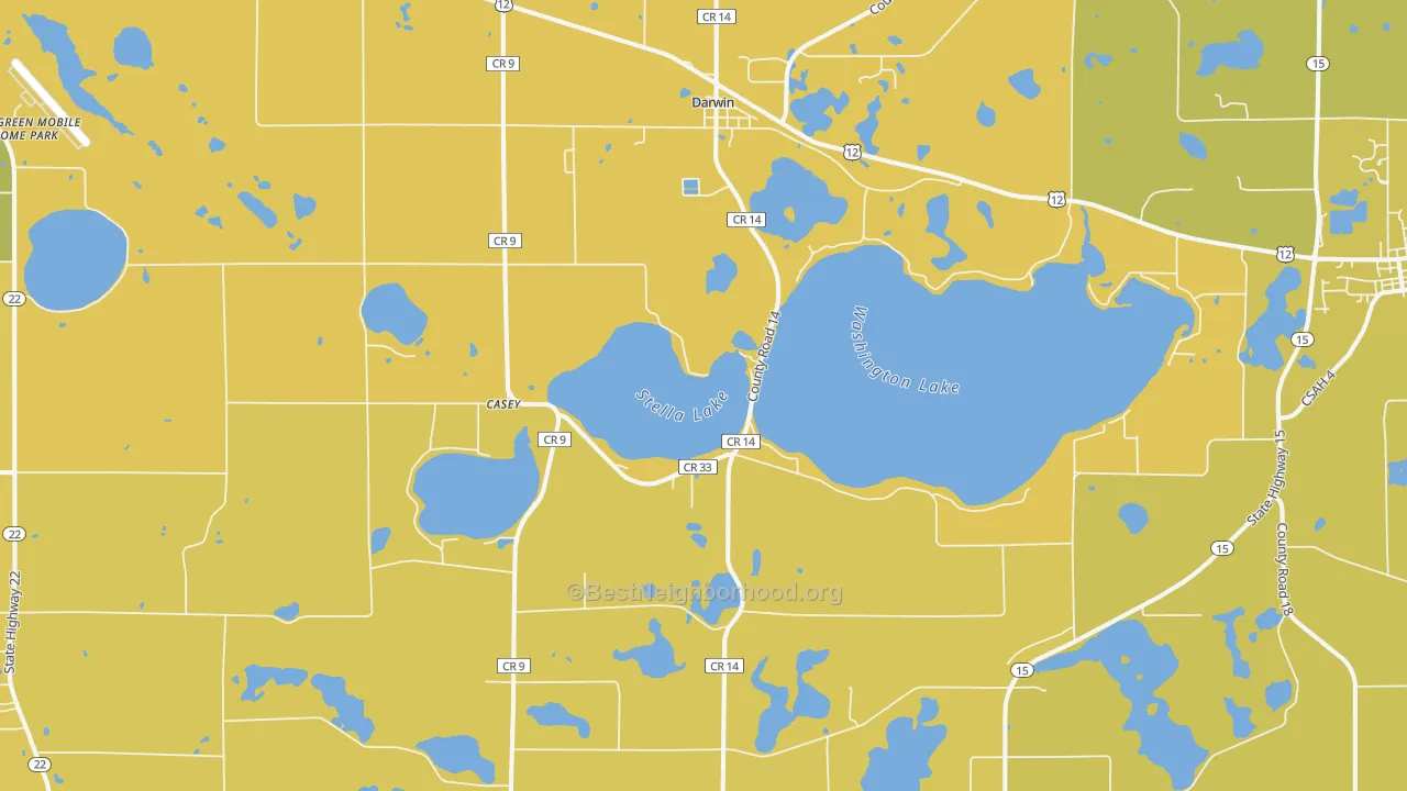 Map of the best neighborhoods in the 55324 area, with better matches in green and worse matches in red