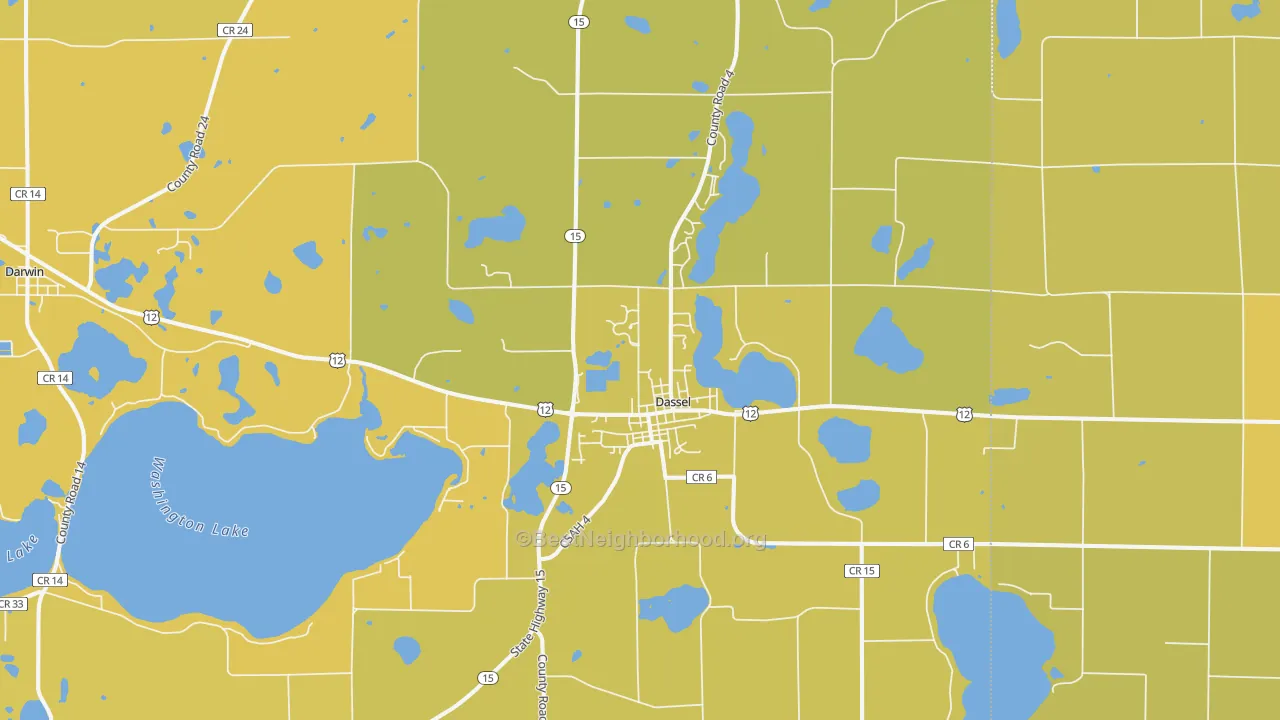 Map of the best neighborhoods in the 55325 area, with better matches in green and worse matches in red