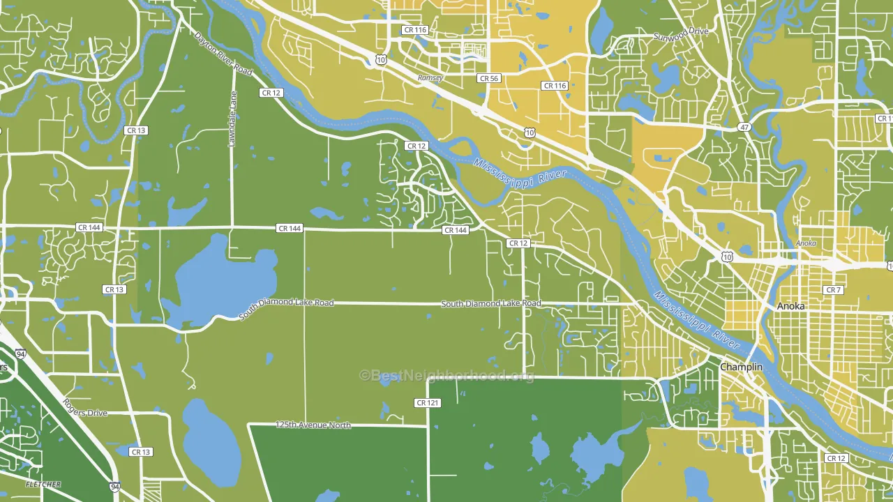 Map of the best neighborhoods in the 55327 area, with better matches in green and worse matches in red