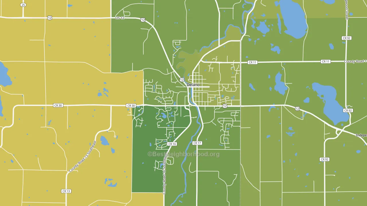 Map of the best neighborhoods in the 55328 area, with better matches in green and worse matches in red