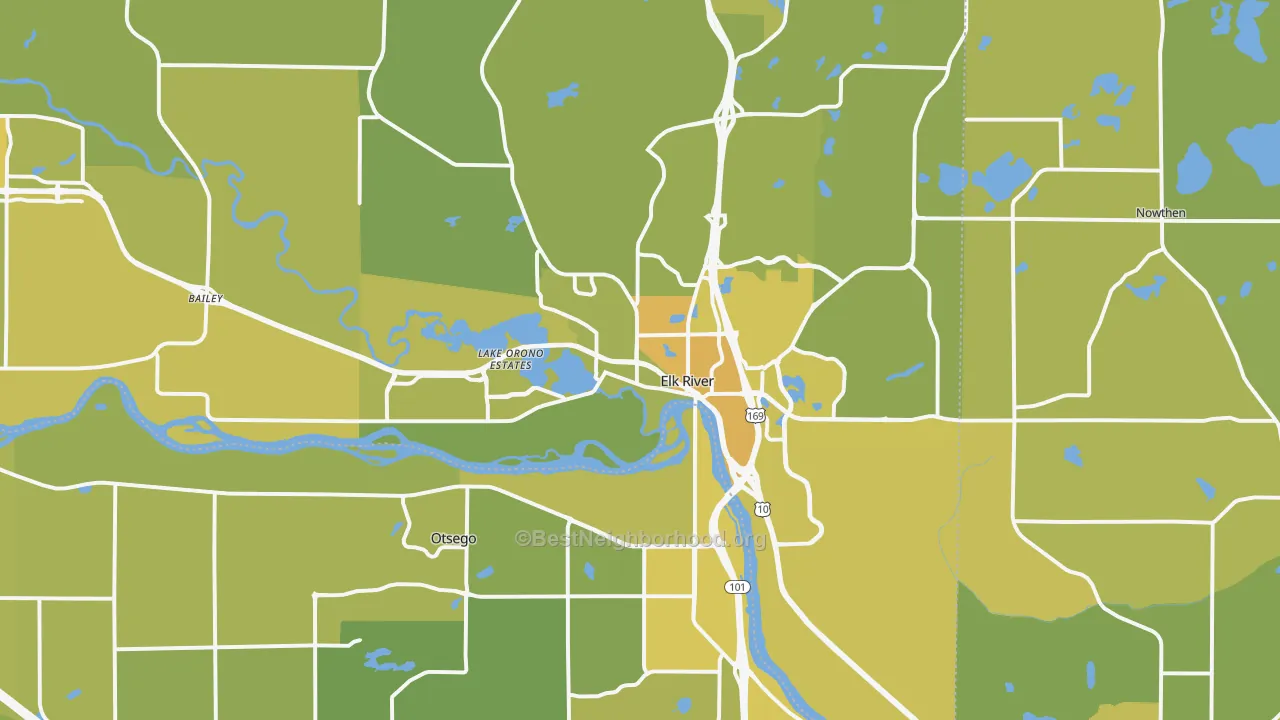 Map of the best neighborhoods in the 55330 area, with better matches in green and worse matches in red