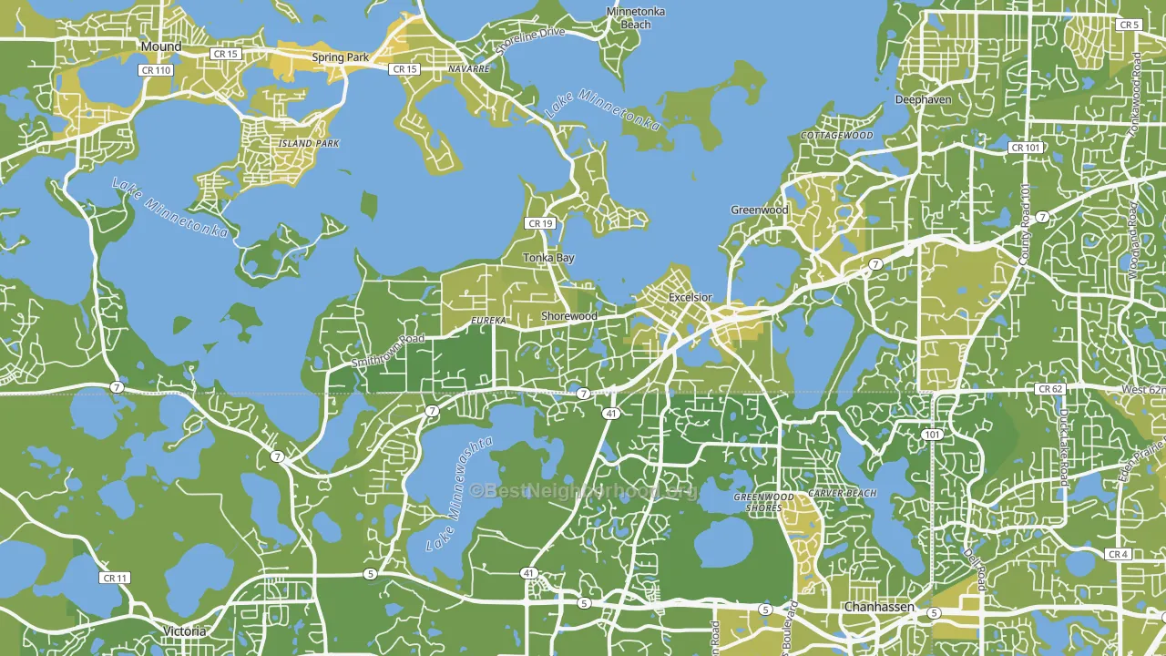 Map of the best neighborhoods in the 55331 area, with better matches in green and worse matches in red