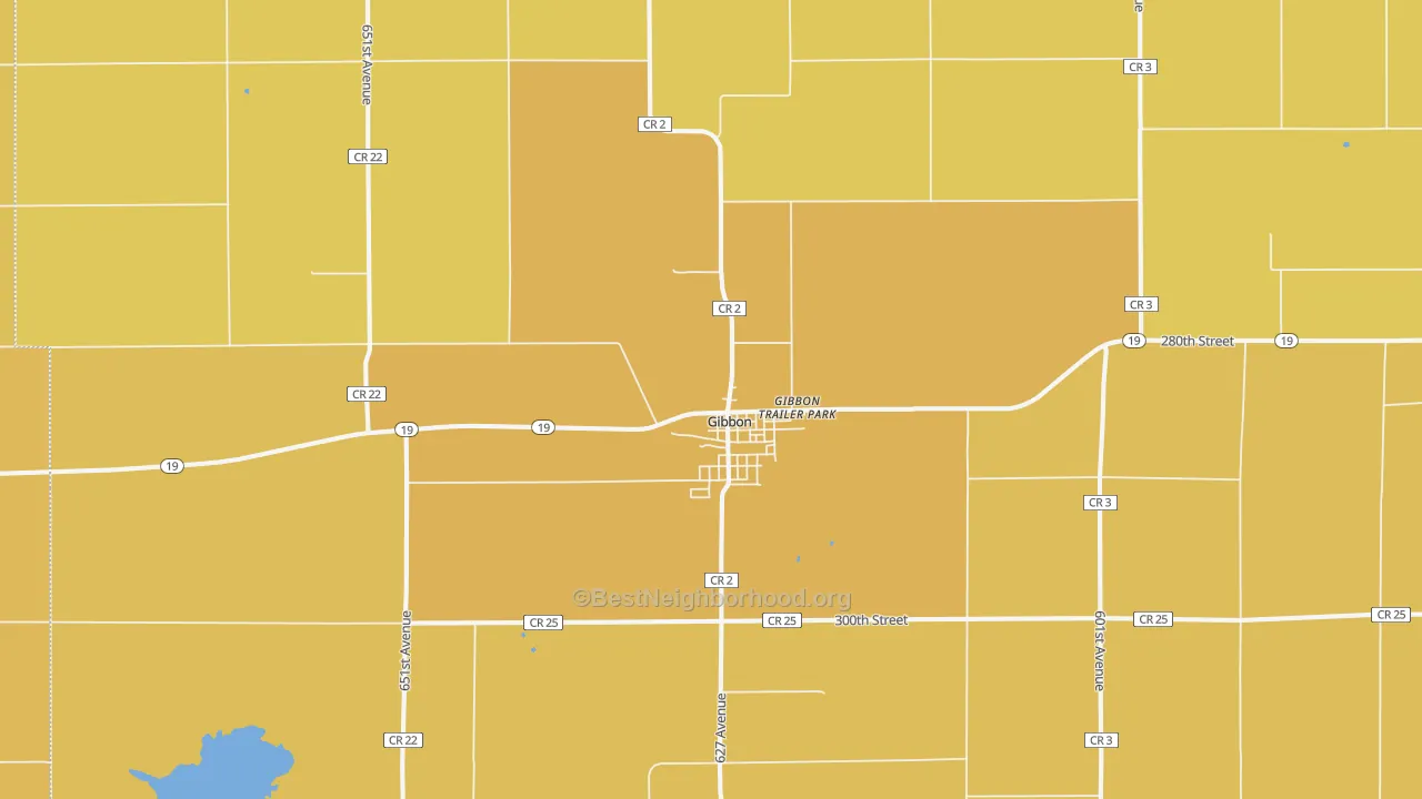 Map of the best neighborhoods in the 55335 area, with better matches in green and worse matches in red