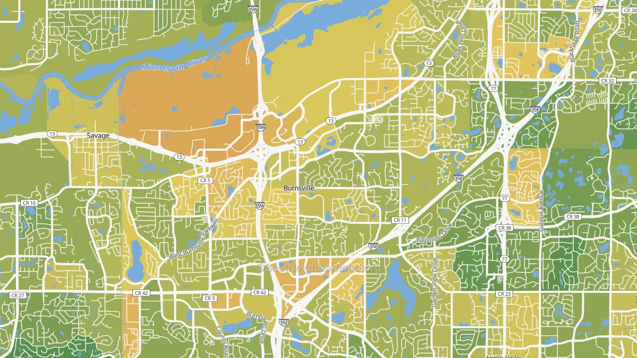 Map of the best neighborhoods in the 55337 area, with better matches in green and worse matches in red