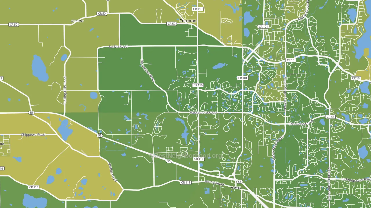 Map of the best neighborhoods in the 55340 area, with better matches in green and worse matches in red