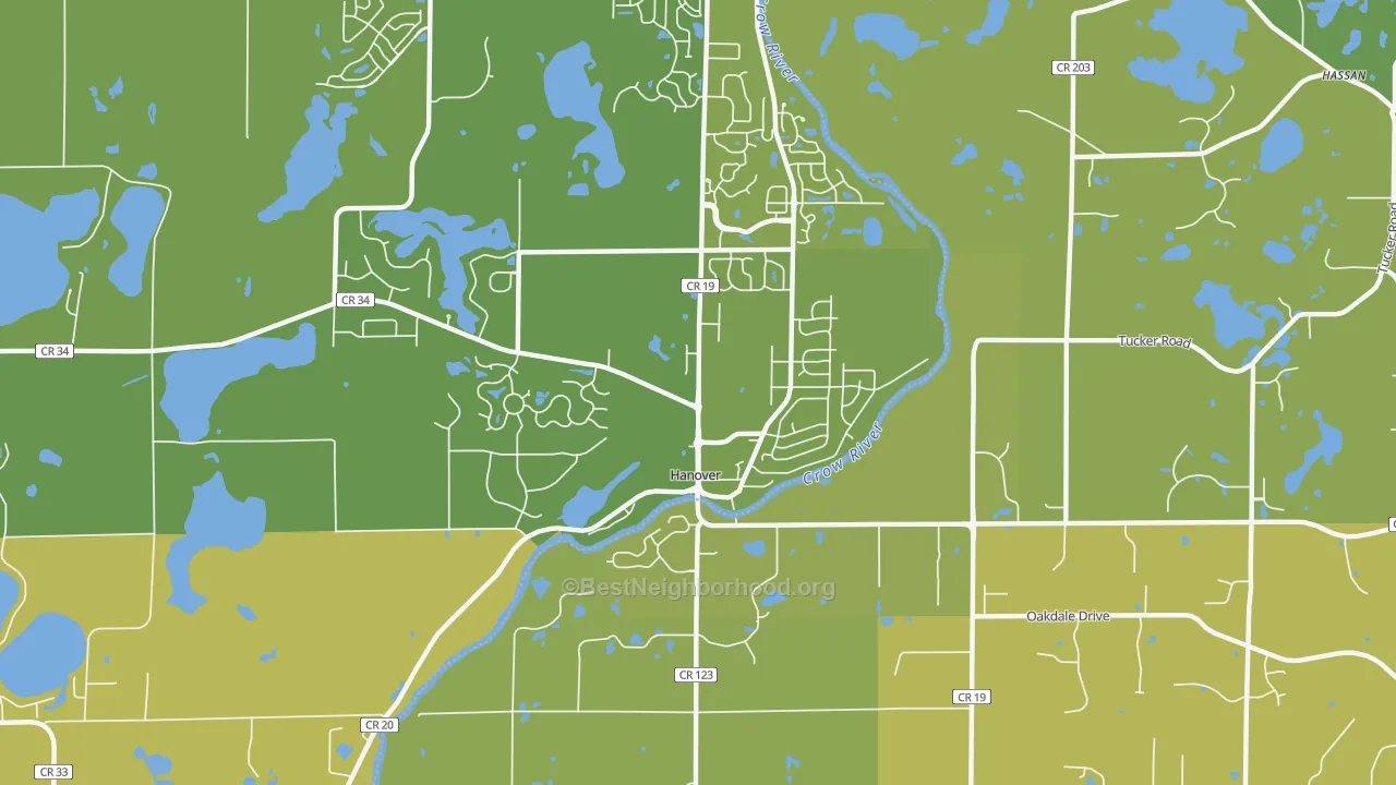 Map of the best neighborhoods in the 55341 area, with better matches in green and worse matches in red