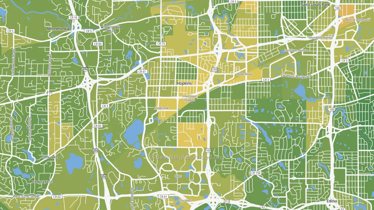 Map of the best neighborhoods in the 55343 area, with better matches in green and worse matches in red